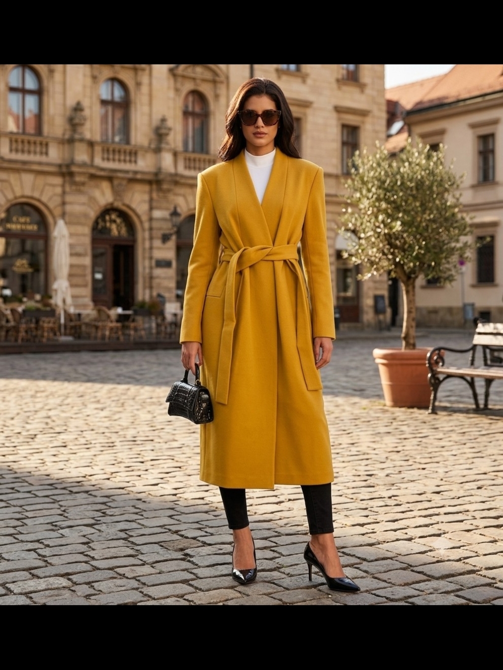 Women's Mustard Wrap Belted Long Coat